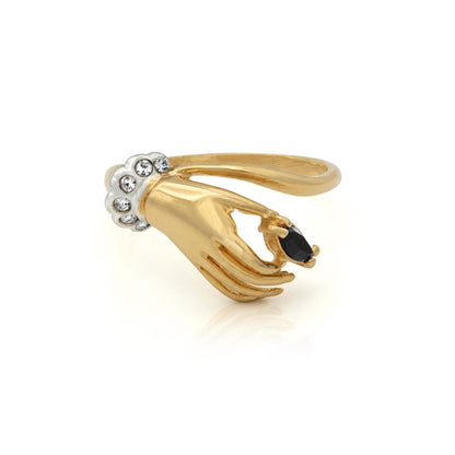 Lydia Vintage Hand Ring with Black and Clear Austrian Crystals - 18k Gold Electroplated jewelry image 1