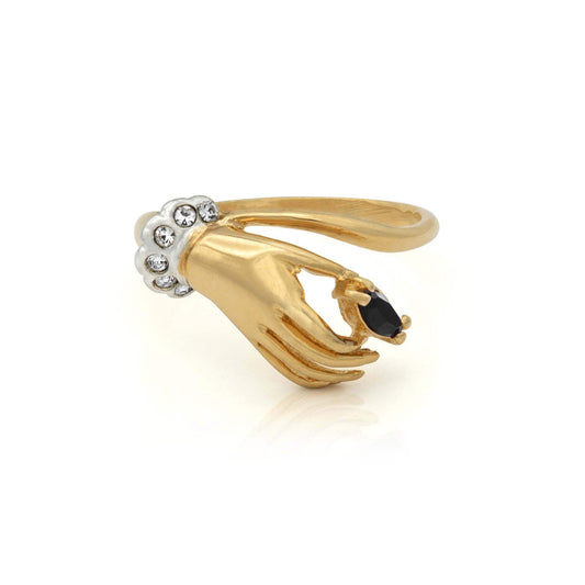 Lydia Vintage Hand Ring with Black and Clear Austrian Crystals - 18k Gold Electroplated jewelry image 1