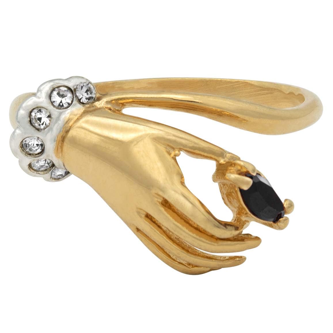 Lydia Vintage Hand Ring with Black and Clear Austrian Crystals - 18k Gold Electroplated jewelry image 1