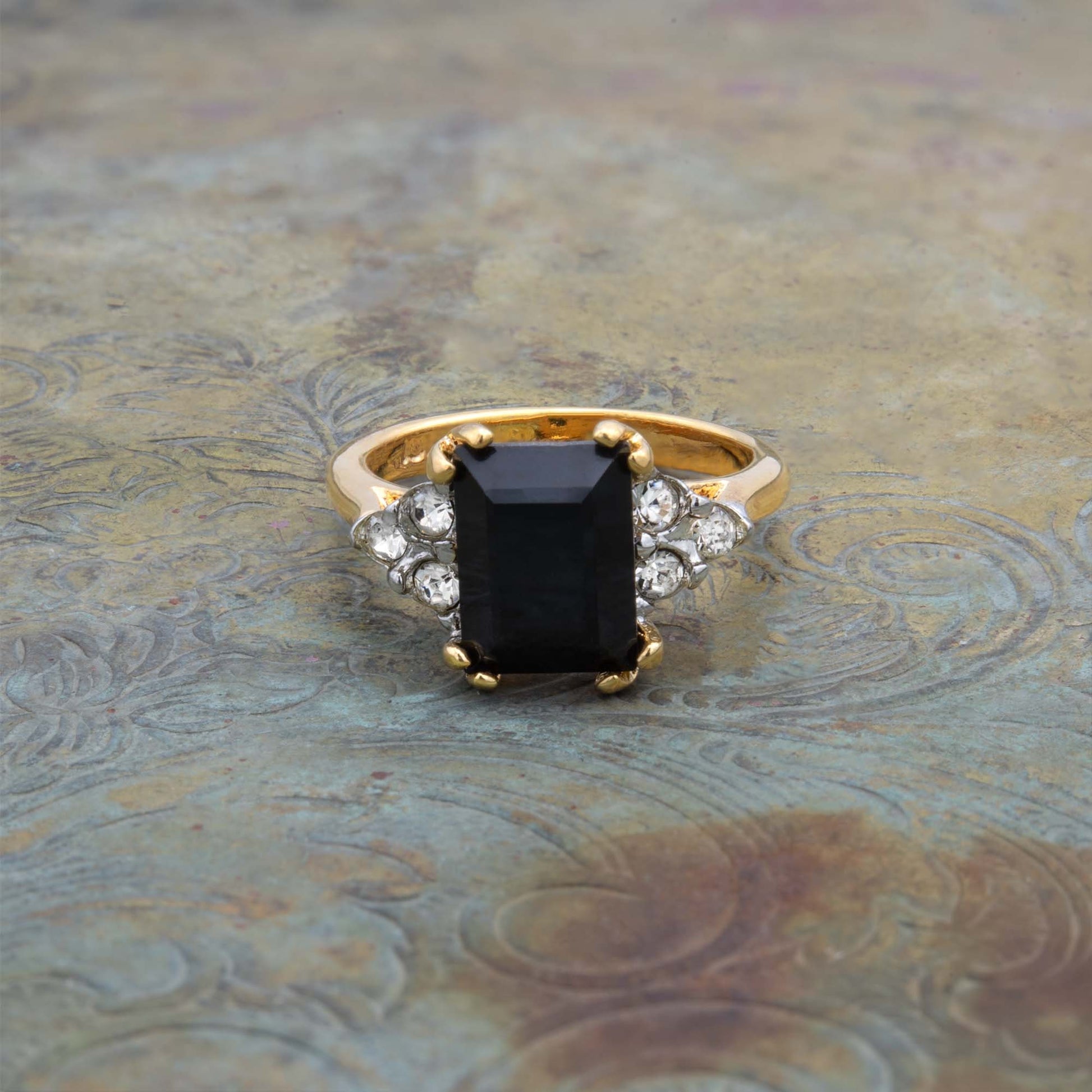 Sadie Vintage 1980s 18k Gold Electroplated Ring with Black Emerald Cut Austrian Crystal jewelry image 1
