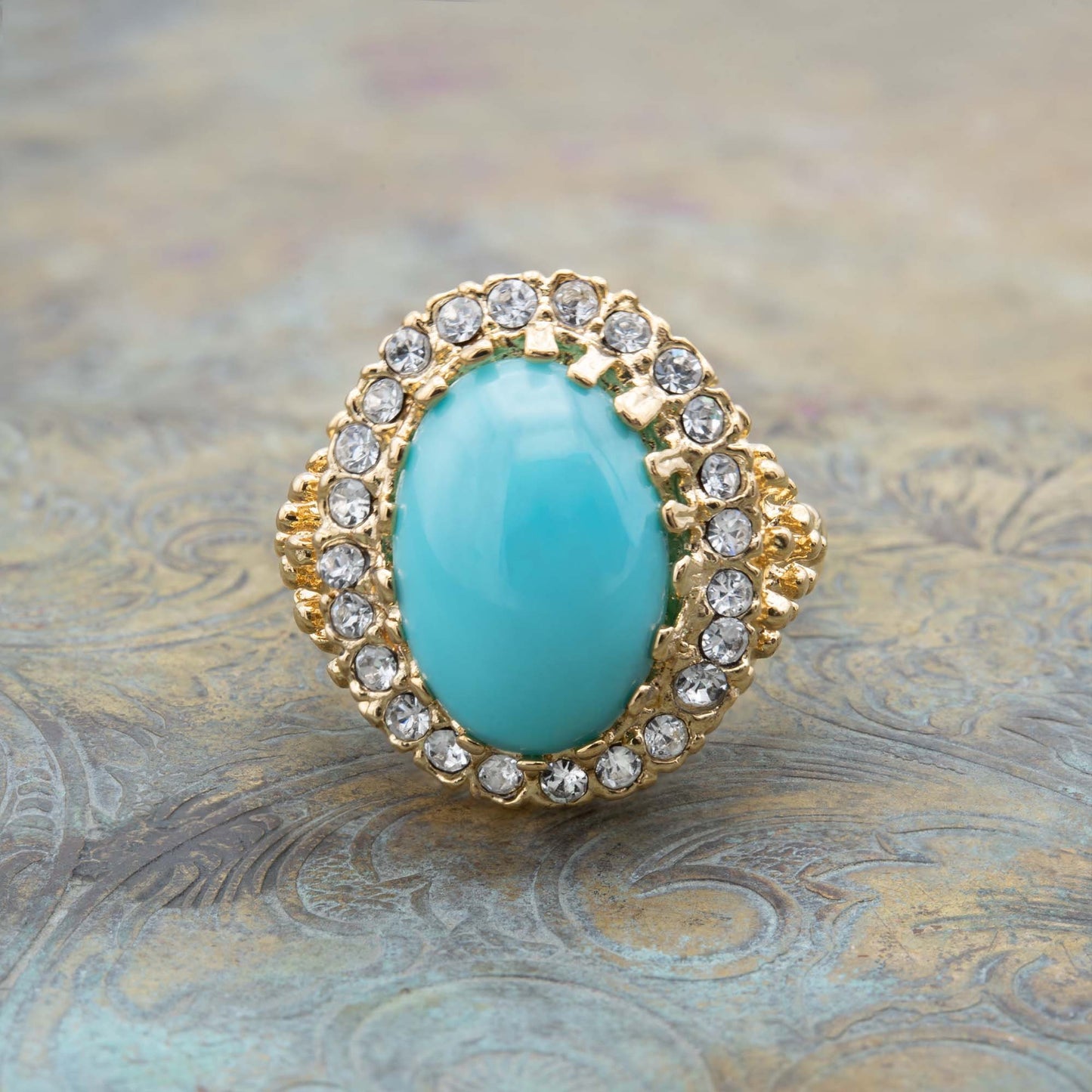 Vintage Edwardian Style Turquoise Bead & Clear Crystal Ring – 18k Gold Electroplated jewelry image 1