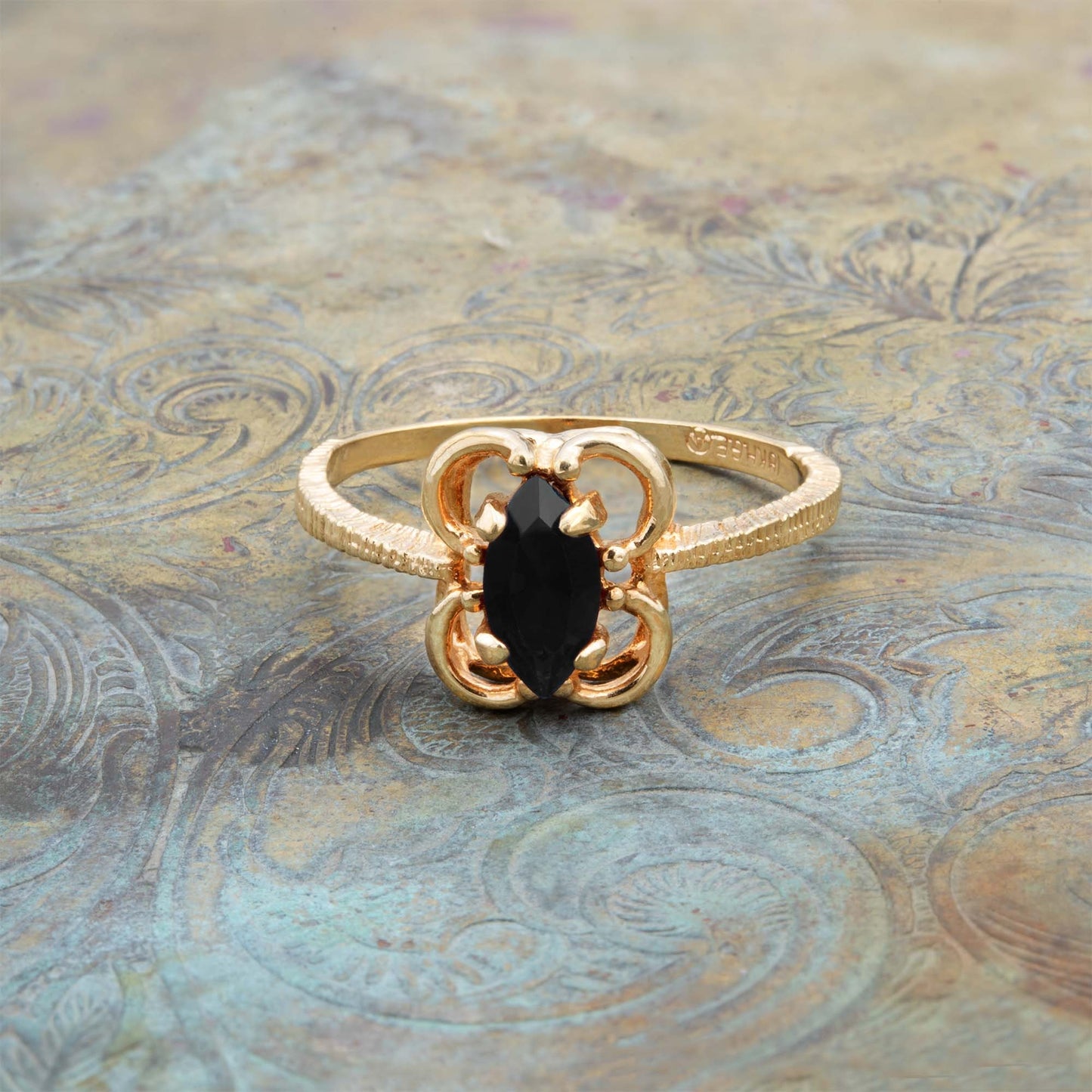 Vintage Jet Black Marquise Austrian Crystal Ring – 18k Yellow Gold Electroplated – Made in USA jewelry image 1