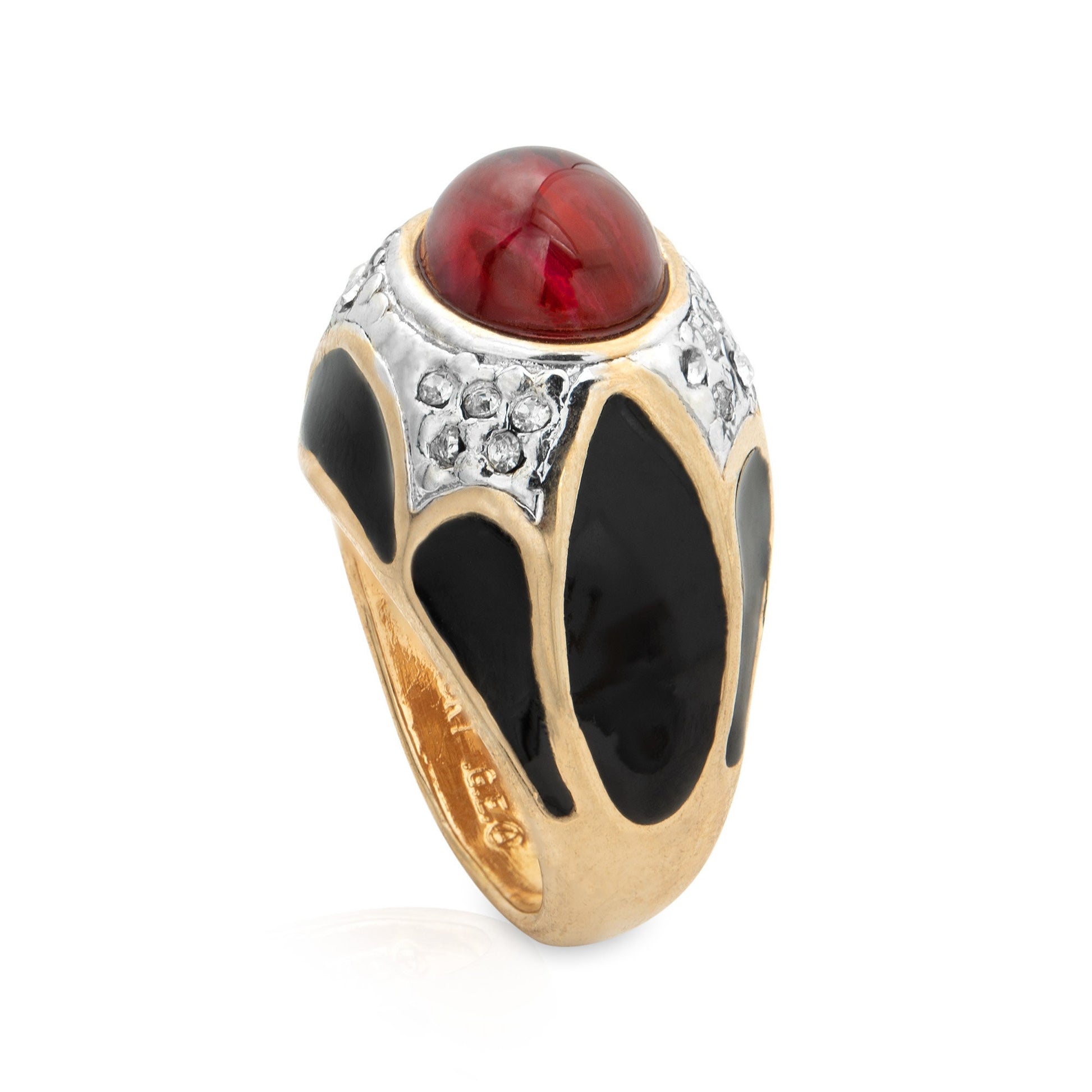 Vintage 1980s Black Enamel Ring with Ruby Cabochon and Clear Crystals - 18k HGE - Size 6 jewelry image 1
