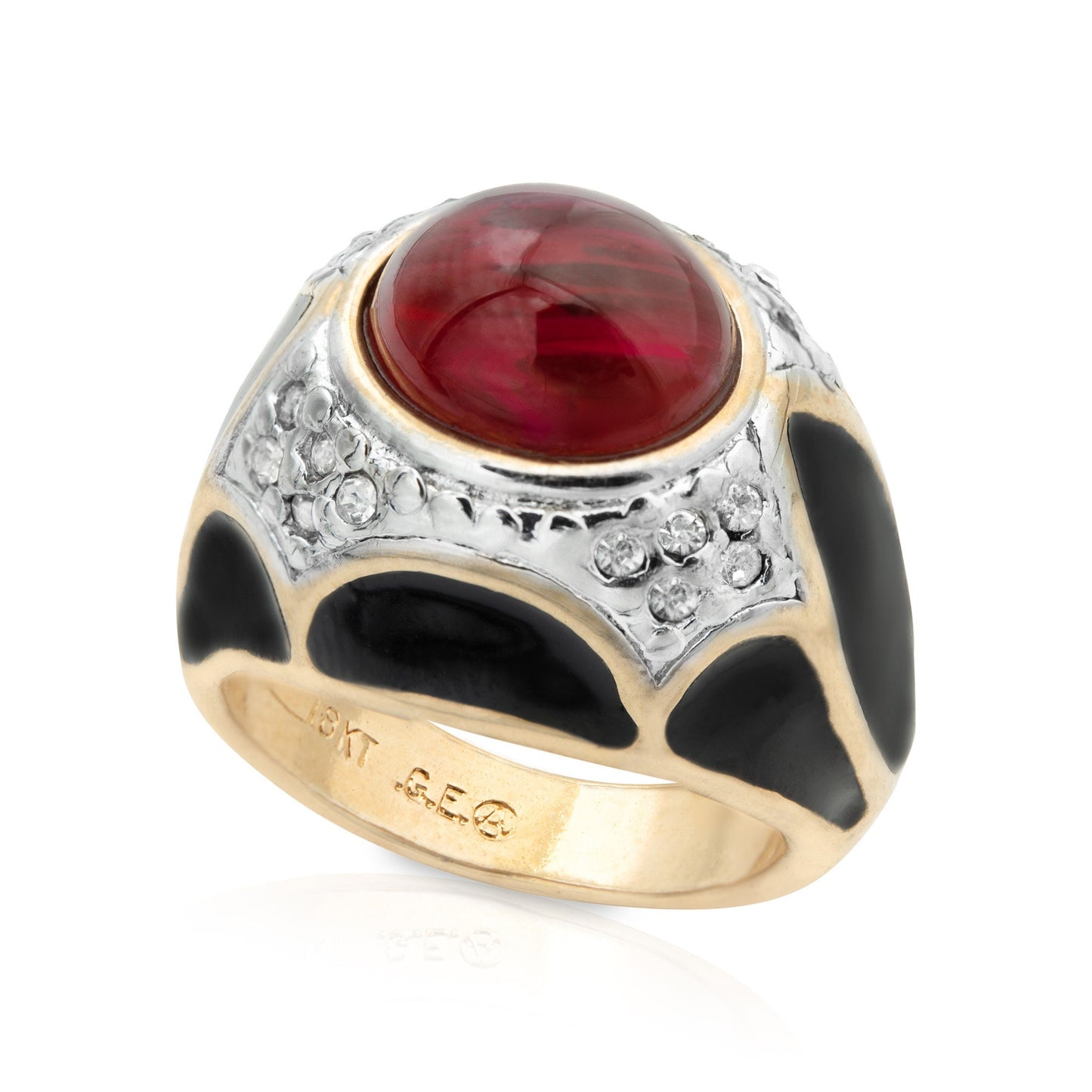 Vintage 1980s Black Enamel Ring with Ruby Cabochon and Clear Crystals - 18k HGE - Size 6 jewelry image 1