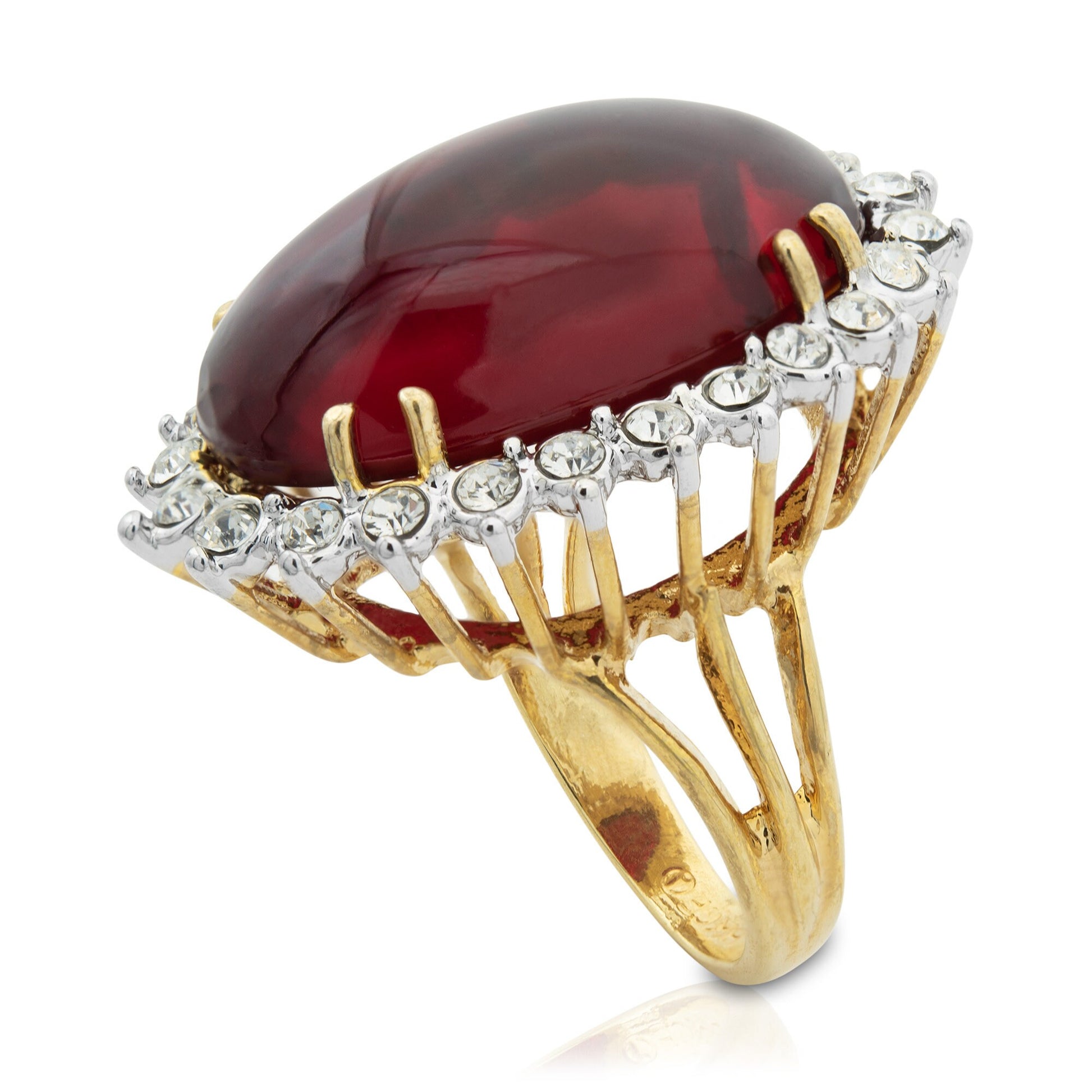 Vintage 1970s Ruby Crystal Cocktail Ring – 18k HGE Gold Plated, Made in USA jewelry image 1