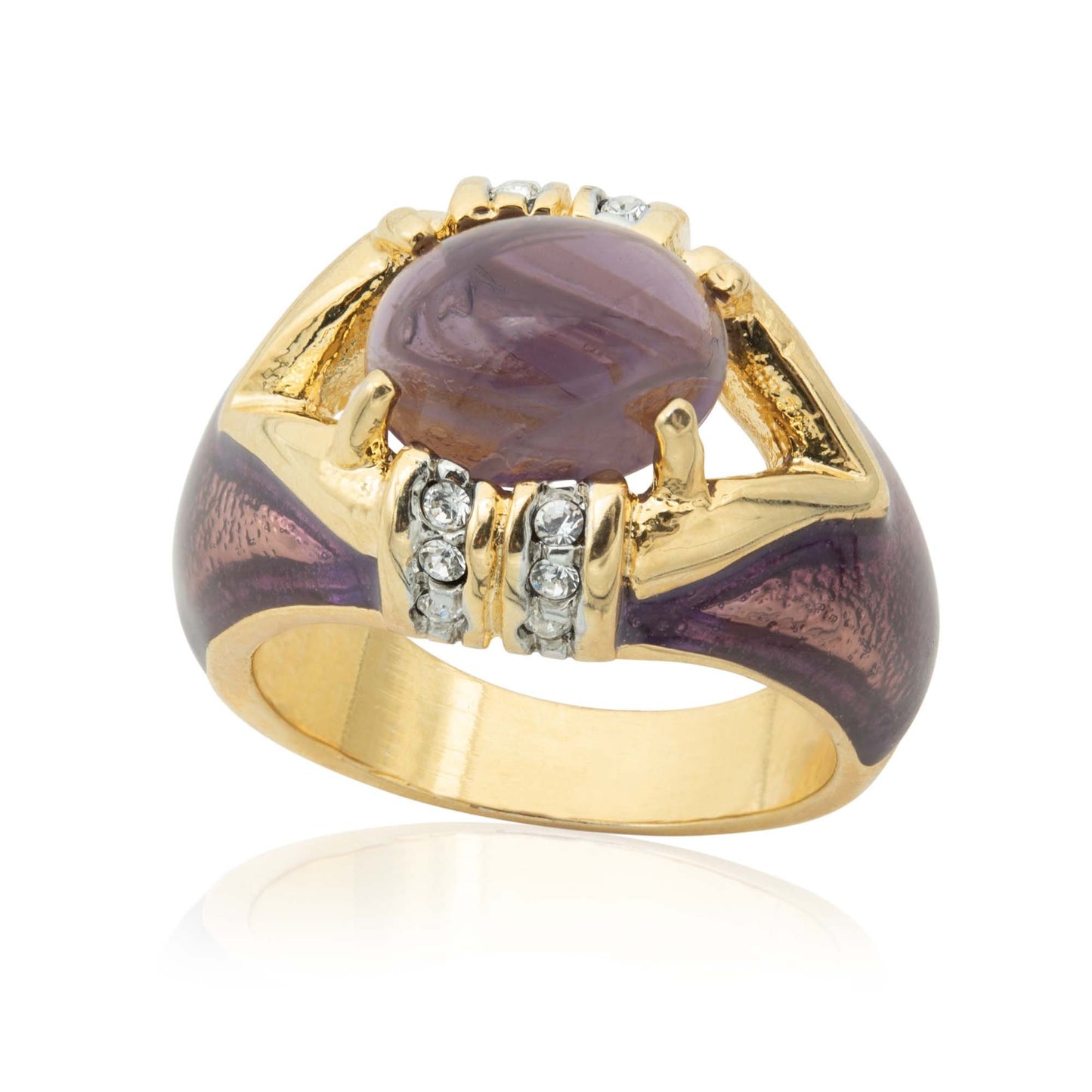 Vintage 1990s Amethyst Cabochon Crystal and Clear Crystals Dome Ring – 18k HGE with Hand Painted Epoxy jewelry image 1