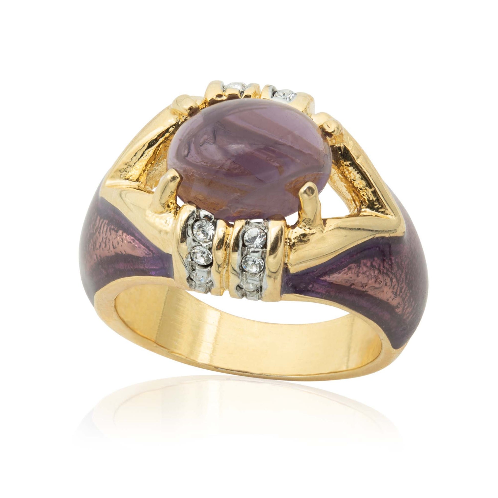 Vintage 1990s Amethyst Cabochon Crystal and Clear Crystals Dome Ring – 18k HGE with Hand Painted Epoxy jewelry image 1