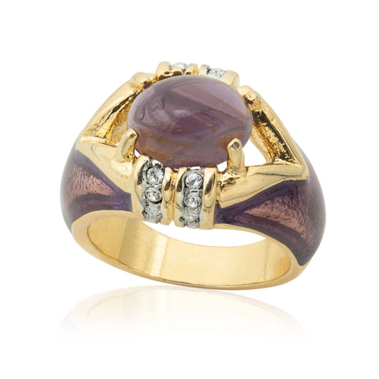 Vintage 1990s Amethyst Cabochon Crystal and Clear Crystals Dome Ring – 18k HGE with Hand Painted Epoxy jewelry image 1