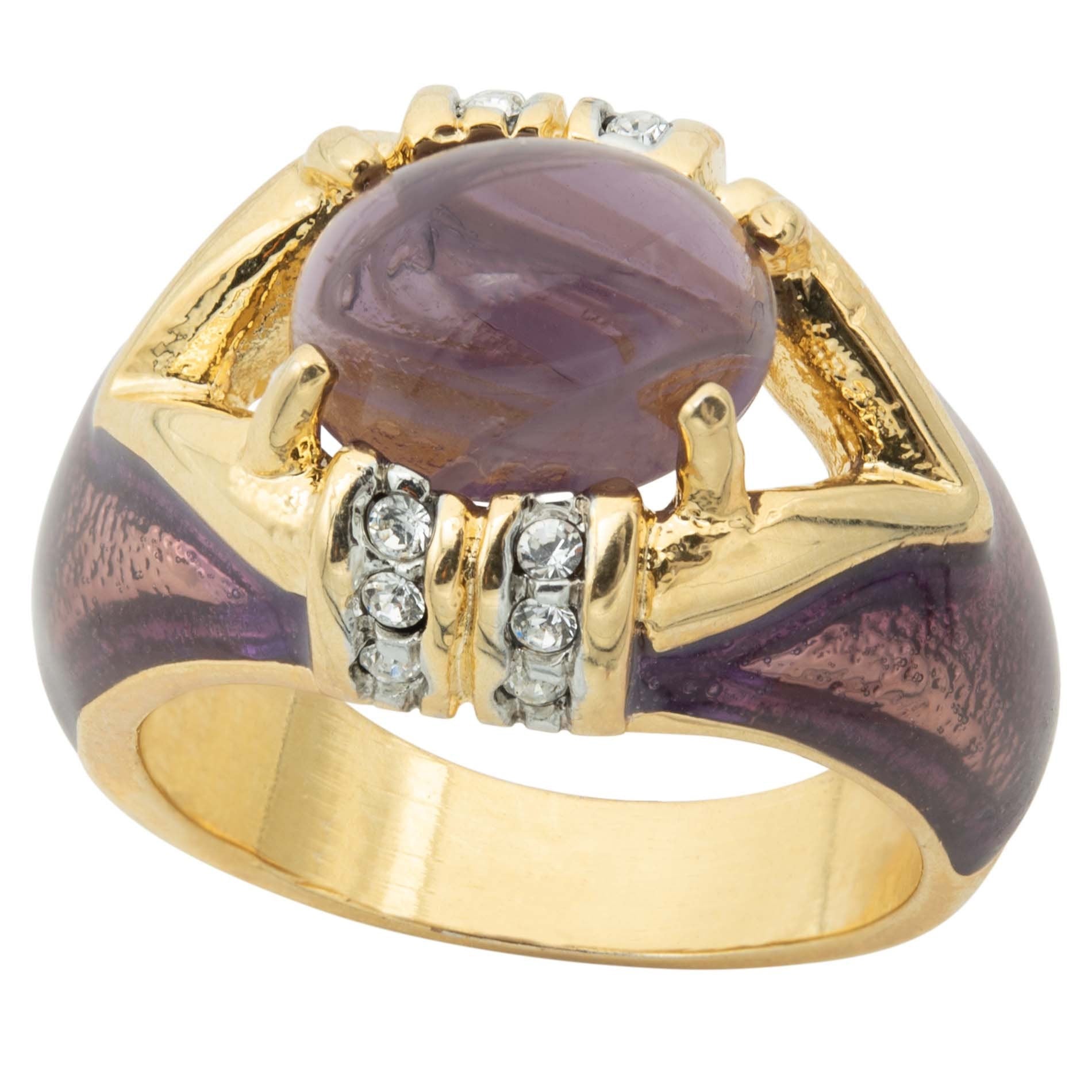 Vintage 1990s Amethyst Cabochon Crystal and Clear Crystals Dome Ring – 18k HGE with Hand Painted Epoxy jewelry image 1