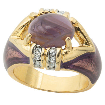 Vintage 1990s Amethyst Cabochon Crystal and Clear Crystals Dome Ring – 18k HGE with Hand Painted Epoxy jewelry image 1