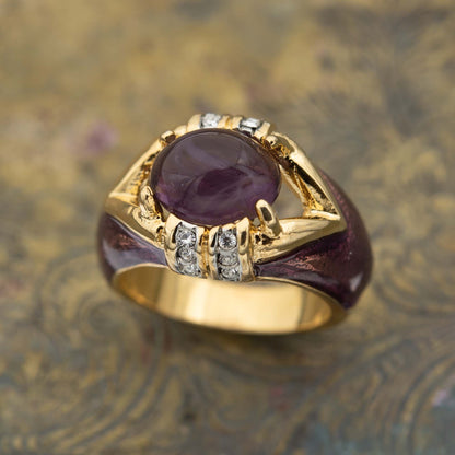 Vintage 1990s Amethyst Cabochon Crystal and Clear Crystals Dome Ring – 18k HGE with Hand Painted Epoxy jewelry image 1