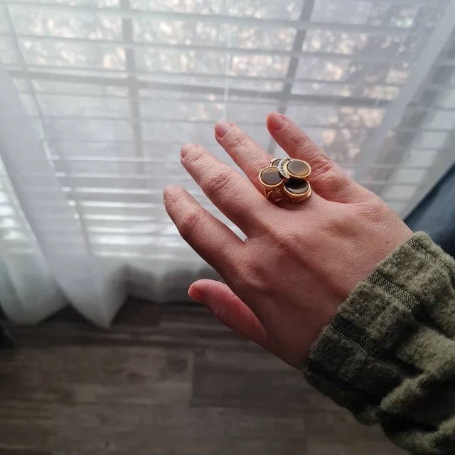 Genuine Tiger Eye Cocktail Ring with Austrian Crystals – 18k Yellow Gold Electroplated Setting jewelry image 1