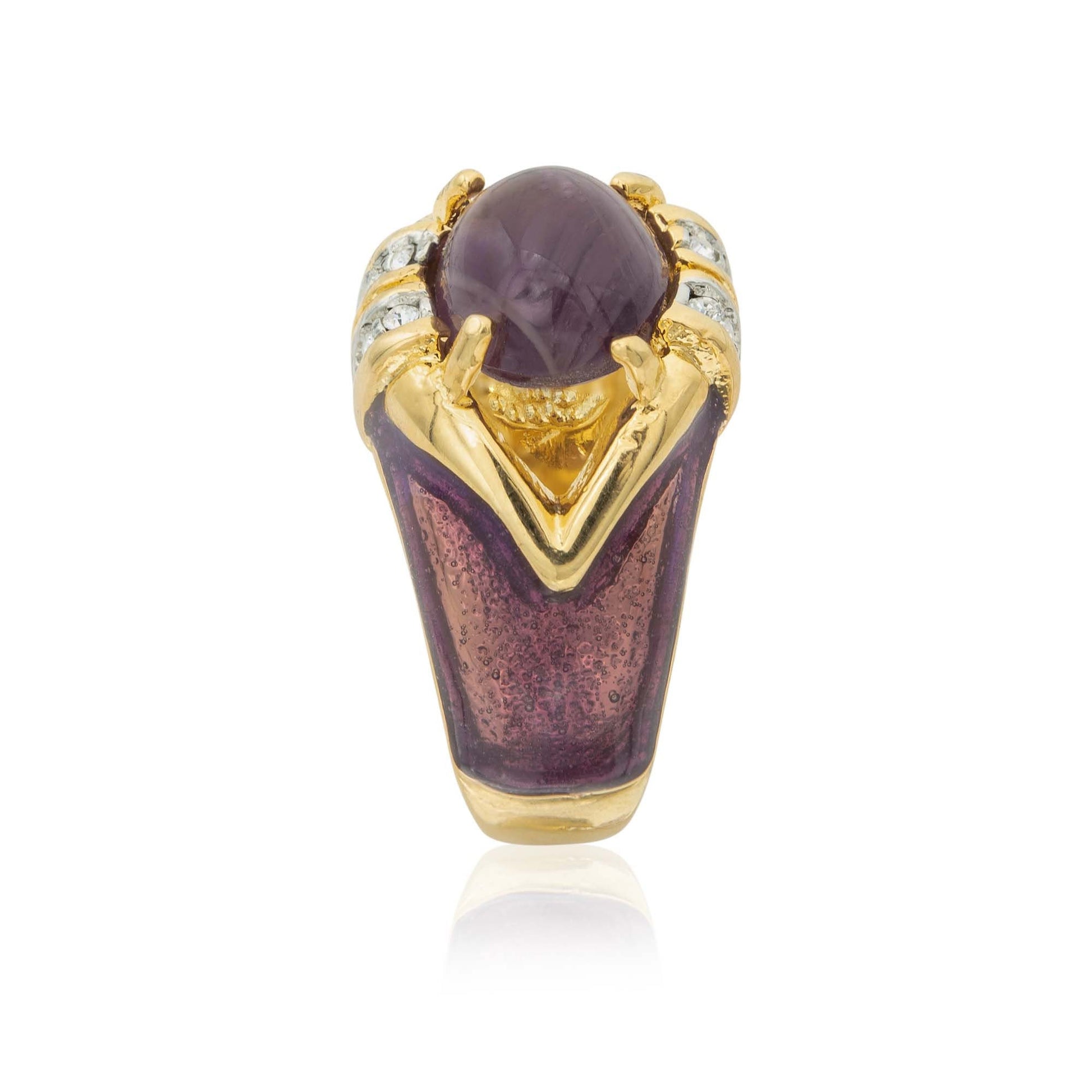 Vintage 1990s Amethyst Cabochon Crystal and Clear Crystals Dome Ring – 18k HGE with Hand Painted Epoxy jewelry image 1