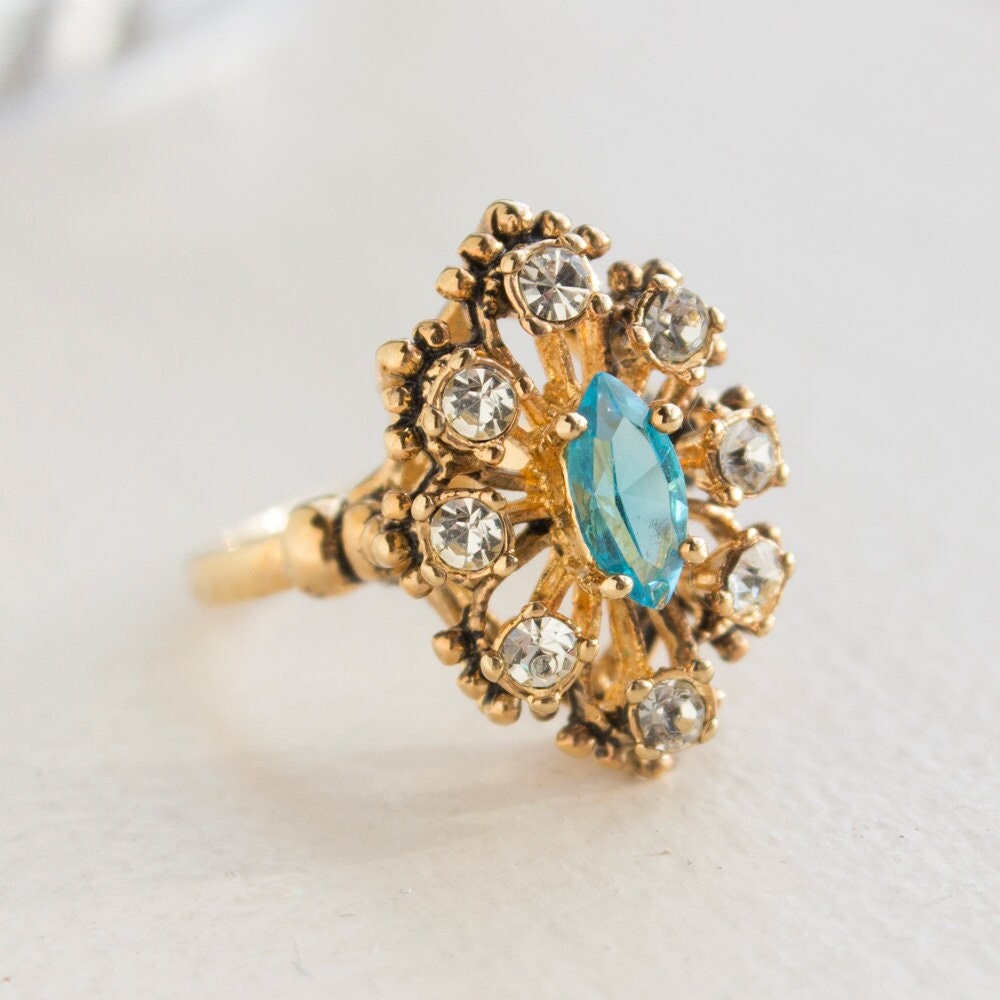 Vintage 1970s Blue Topaz & Clear Austrian Crystal Ring - Antiqued 18k Gold Electroplated Filigree Setting jewelry image 1