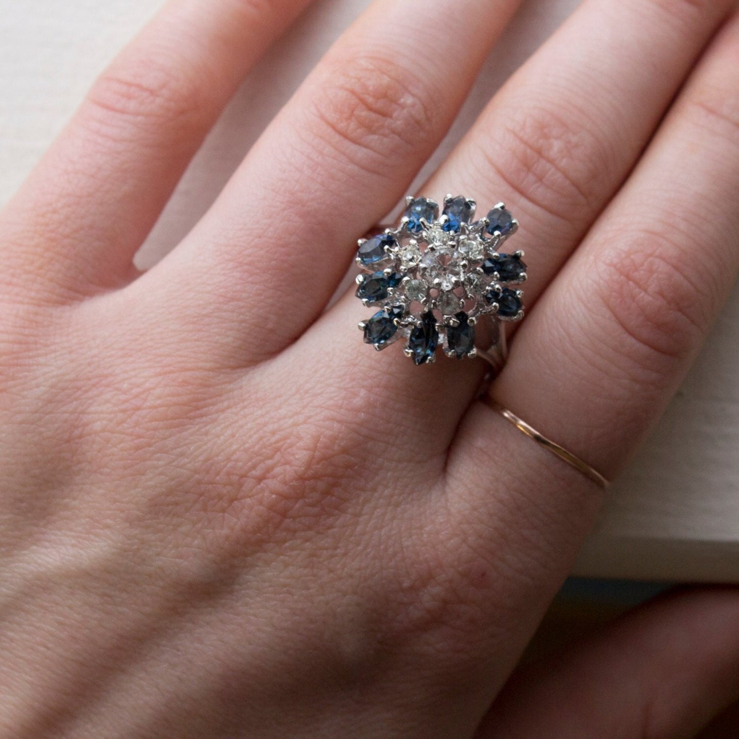 Vintage 1970s Sapphire and Clear Austrian Crystal Cluster Ring - 18k White Gold Electroplated jewelry image 1