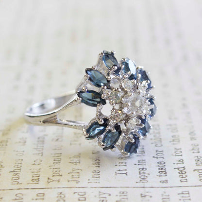 Vintage 1970s Sapphire and Clear Austrian Crystal Cluster Ring - 18k White Gold Electroplated jewelry image 1