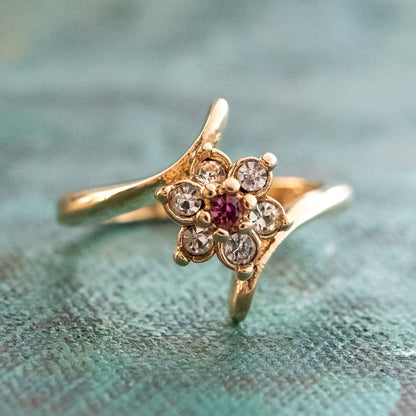 Vintage 1970s Pink Tourmaline and Clear Austrian Crystal Cluster Ring - 18k Yellow Gold Electroplated jewelry image 1