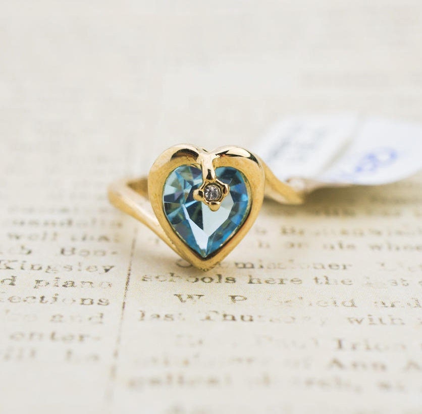 Vintage 1970s Heart Shape Ring with Aquamarine Austrian Crystal – 18k Gold Electroplated jewelry image 1