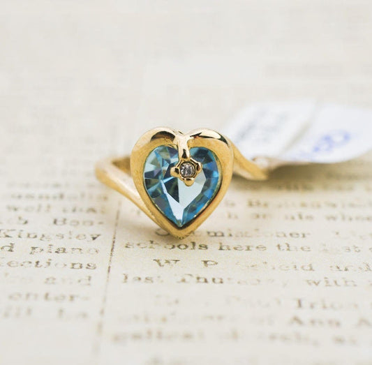 Vintage 1970s Heart Shape Ring with Aquamarine Austrian Crystal – 18k Gold Electroplated jewelry image 1