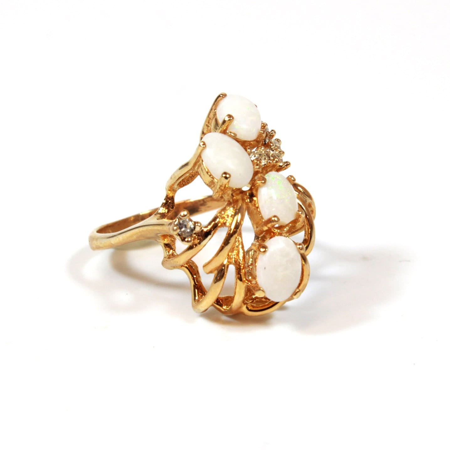 Vintage Genuine Opal Cluster Cocktail Ring with Austrian Crystals - 18k Gold Plated jewelry image 1