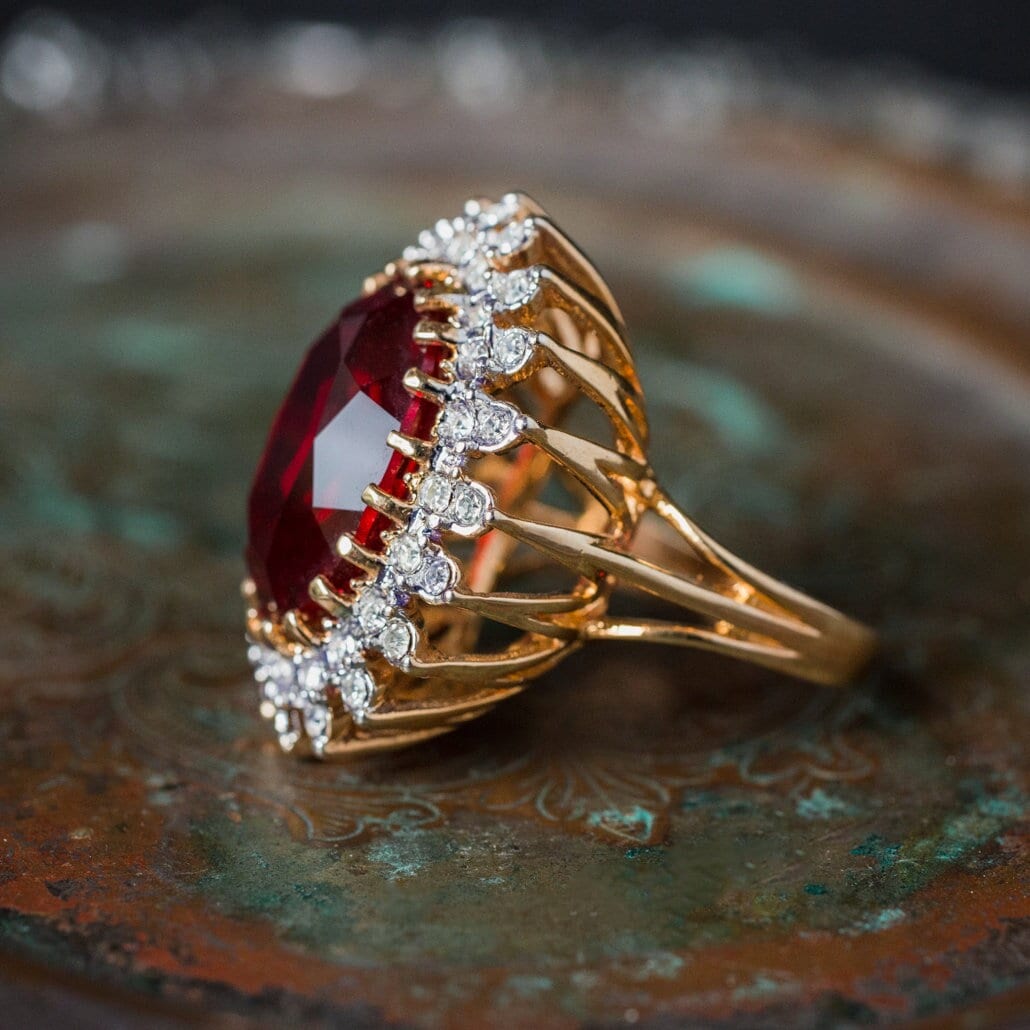 Vintage Ruby and Clear Austrian Crystal Cocktail Ring – 18k Gold Electroplated, Made in USA jewelry image 1