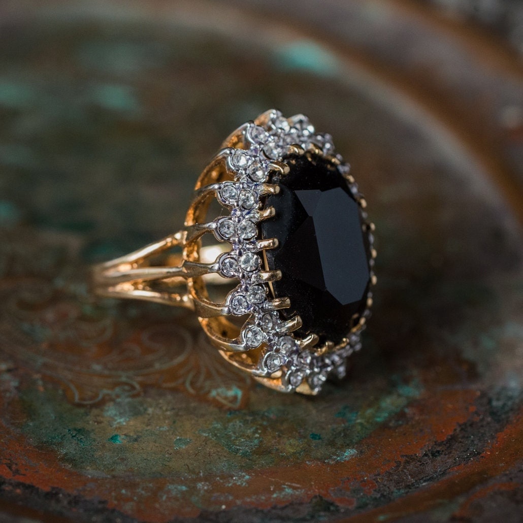 Vintage Black and Clear Austrian Crystal Cocktail Ring - 18k Gold Electroplated - Made in USA jewelry image 1