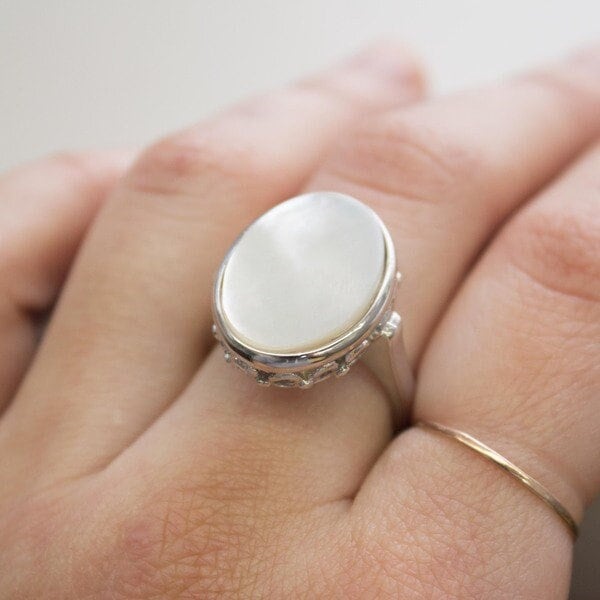 Vintage Mother of Pearl 18kt White Gold Electroplated Cocktail Ring - Made in USA jewelry image 1