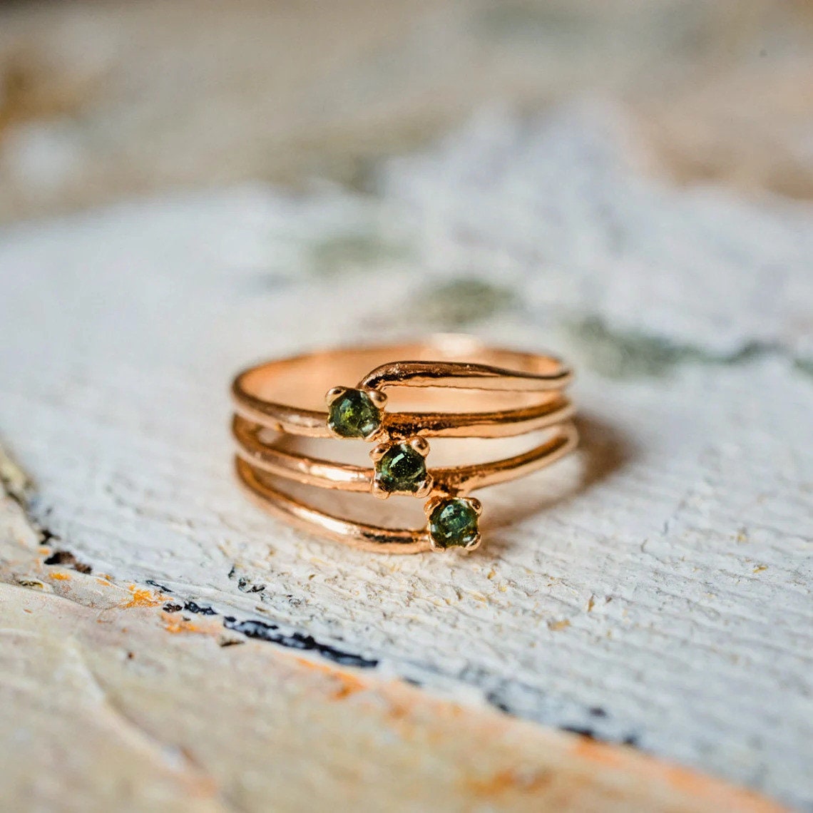 Vintage 1980s Genuine Emerald 18k Gold Electroplated Triple Band Ring Made in USA jewelry image 1