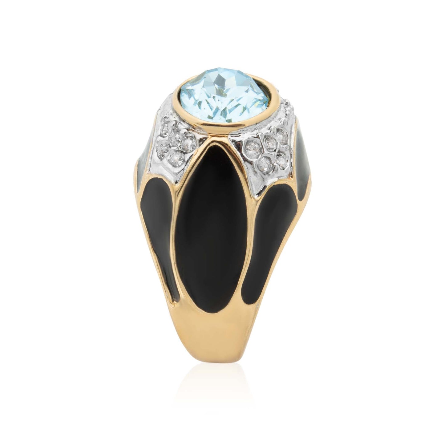 Vintage 1980s Black Enamel Ring with Aquamarine Crystal and Clear Crystals – 18k HGE jewelry image 1
