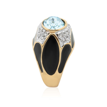 Vintage 1980s Black Enamel Ring with Aquamarine Crystal and Clear Crystals – 18k HGE jewelry image 1
