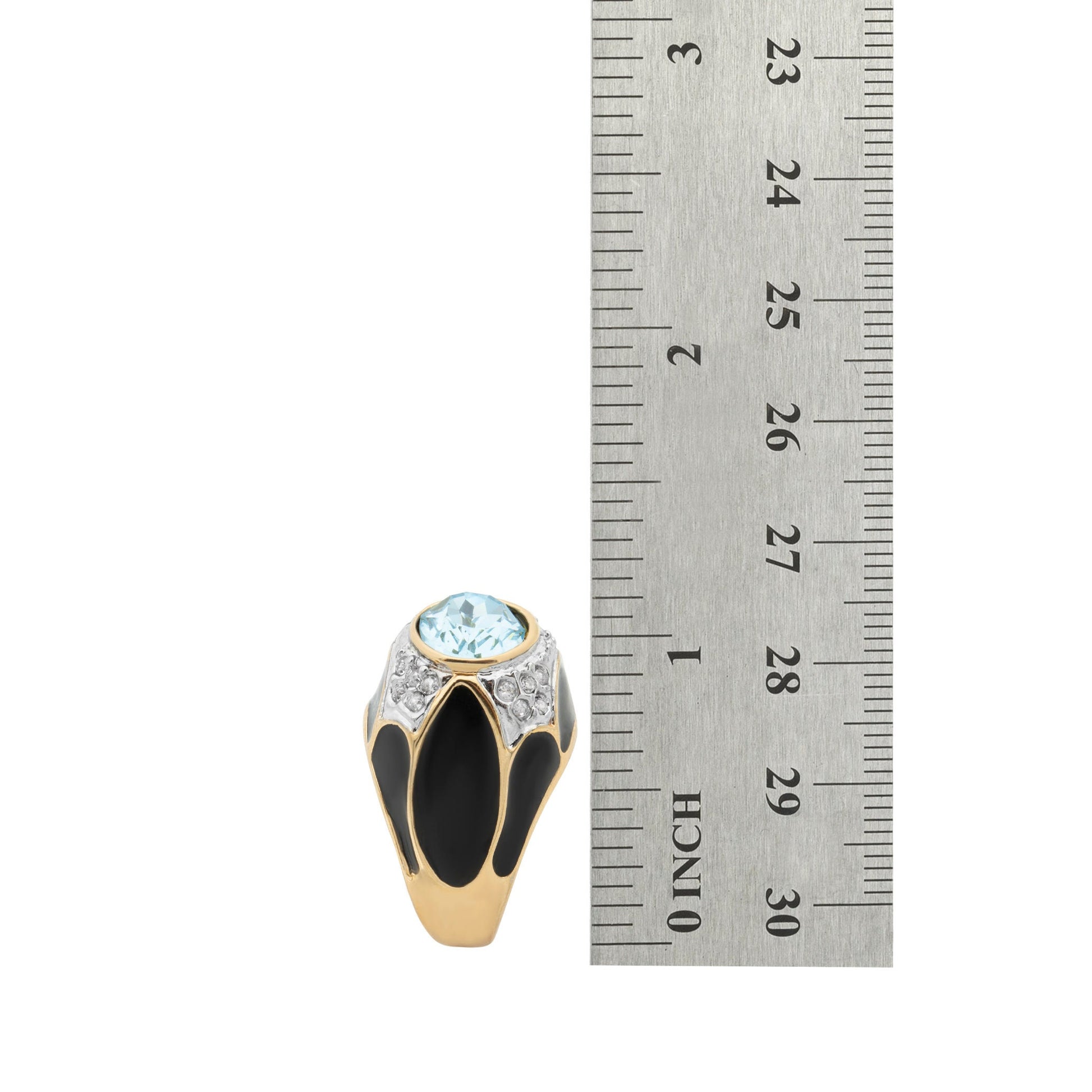 Vintage 1980s Black Enamel Ring with Aquamarine Crystal and Clear Crystals – 18k HGE jewelry image 1