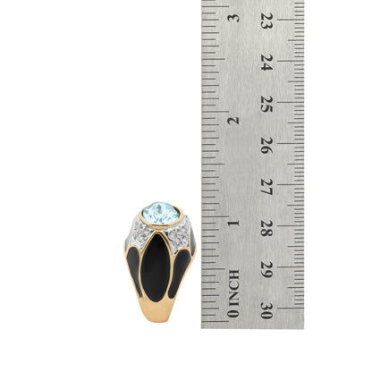 Vintage 1980s Black Enamel Ring with Aquamarine Crystal and Clear Crystals – 18k HGE jewelry image 1