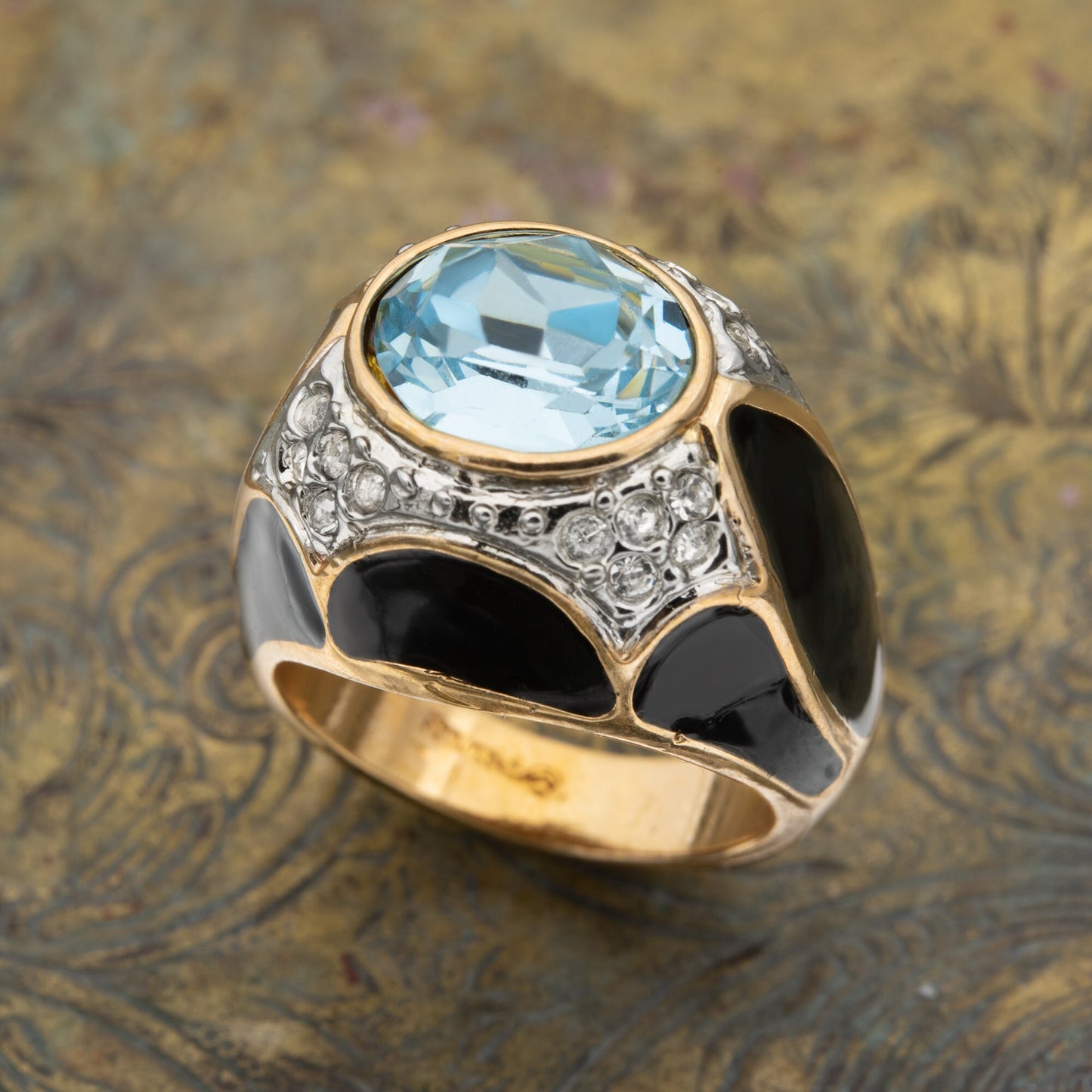 Vintage 1980s Black Enamel Ring with Aquamarine Crystal and Clear Crystals – 18k HGE jewelry image 1