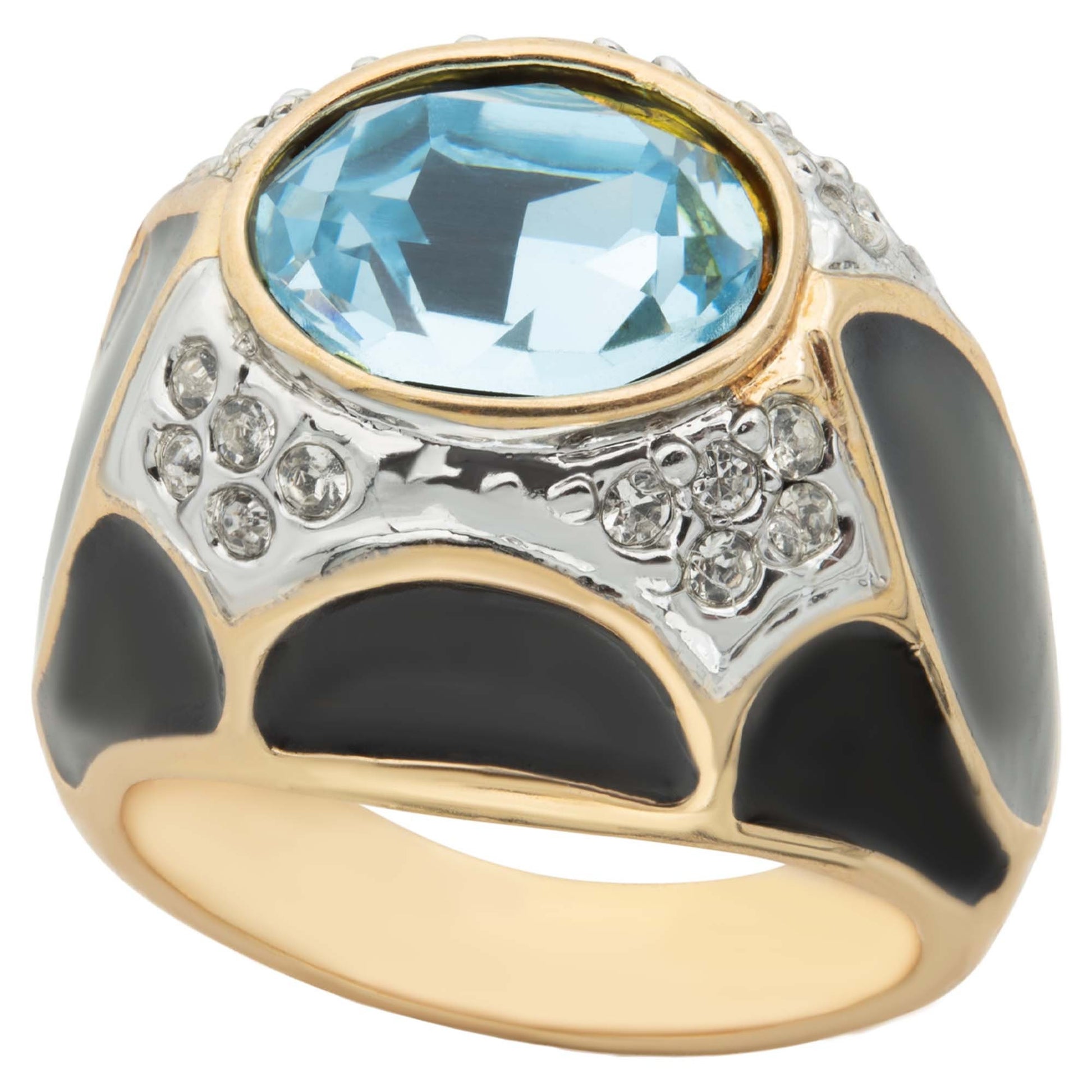 Vintage 1980s Black Enamel Ring with Aquamarine Crystal and Clear Crystals – 18k HGE jewelry image 1