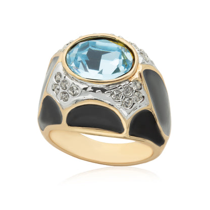 Vintage 1980s Black Enamel Ring with Aquamarine Crystal and Clear Crystals – 18k HGE jewelry image 1
