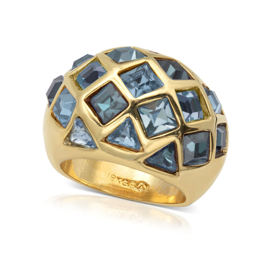 Vintage 1970s Sapphire Blue Austrian Crystal Dome Ring - 18k Gold Plated #R4012 jewelry image 1