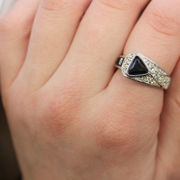Vintage Black and Clear Austrian Crystal Pavé Ring – 18kt HGE Gold Electroplated, Made in USA jewelry image 1