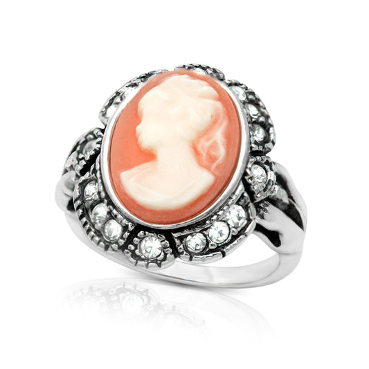 Vintage 1970s 18k Antique White Gold Plated Coral and White Cameo Ring with Austrian Crystals #R1730 jewelry image 1