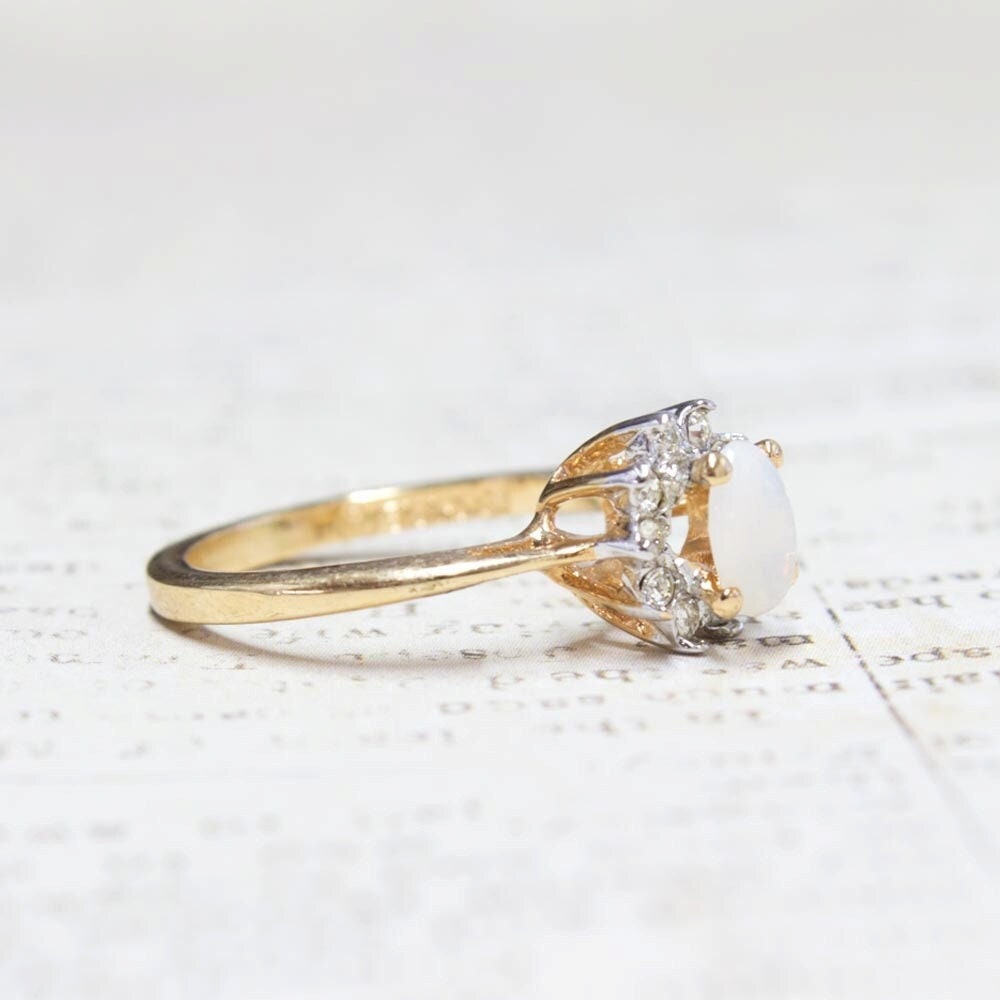 Vintage 1980s Genuine Opal Ring with Clear Austrian Crystals – 18kt Yellow Gold Electroplated – Made in USA jewelry image 1