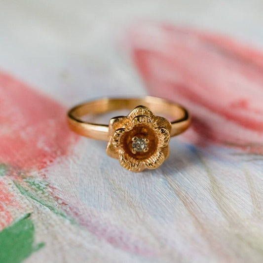 Vintage Flower Ring with Clear Austrian Crystal - 18k Gold Electroplated jewelry image 1
