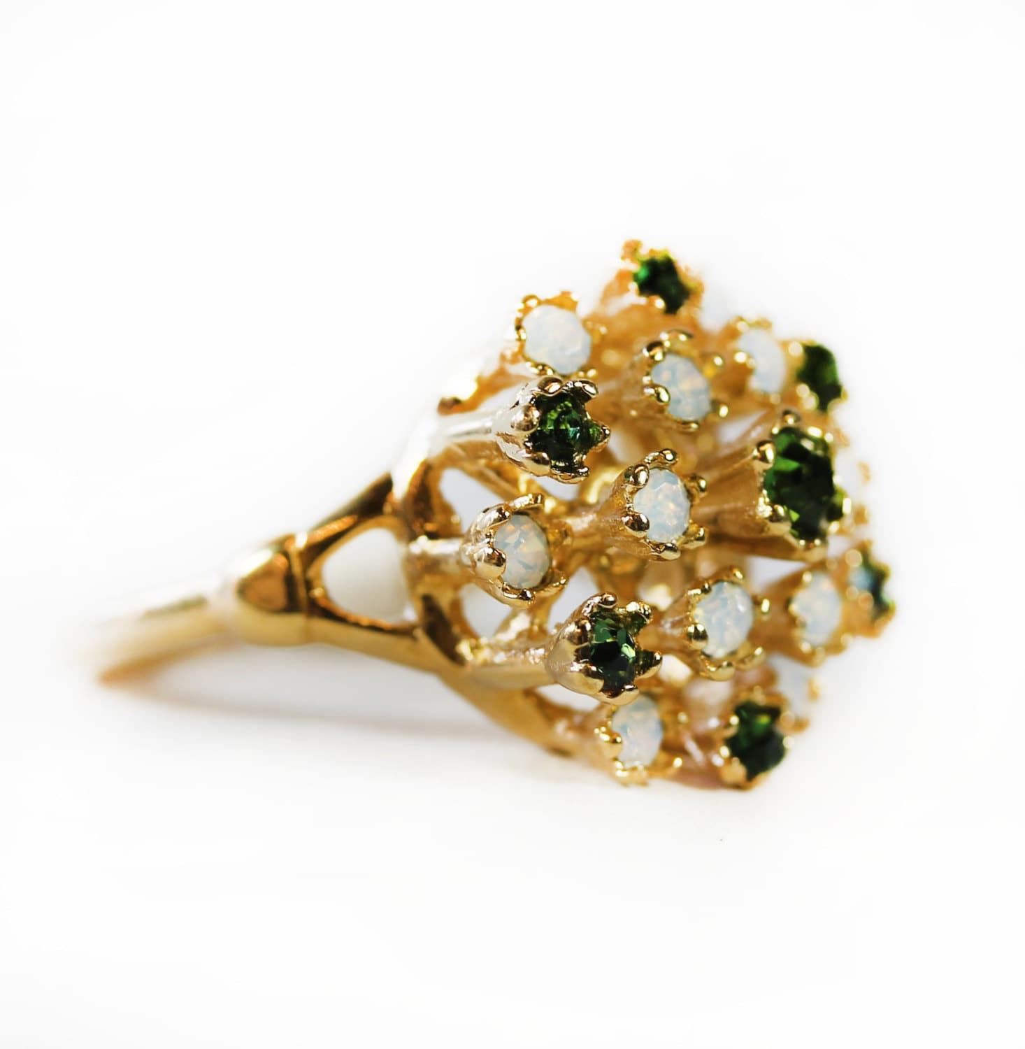 Vintage Pinfire Opal and Green Austrian Crystal Cocktail Ring - 18k White Gold Electroplate - Made in USA jewelry image 1