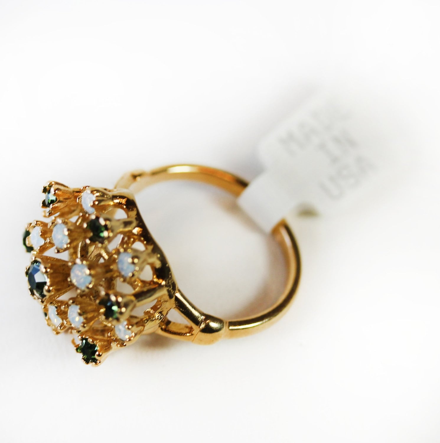 Vintage Pinfire Opal and Green Austrian Crystal Cocktail Ring - 18k White Gold Electroplate - Made in USA jewelry image 1