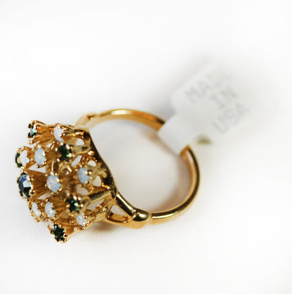 Vintage Pinfire Opal and Green Austrian Crystal Cocktail Ring - 18k White Gold Electroplate - Made in USA jewelry image 1