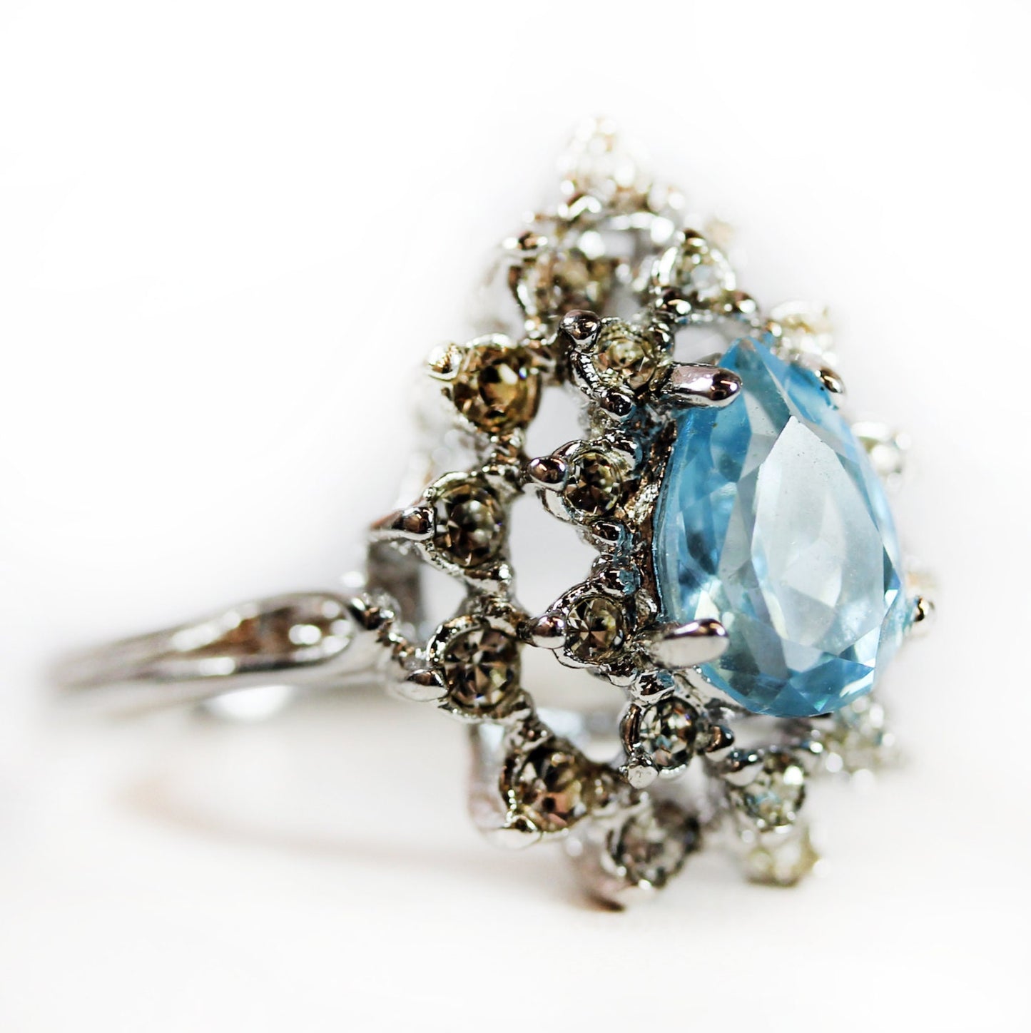 Vintage 1970s Victorian Style Aquamarine and Clear Austrian Crystal Cocktail Ring – 18k White Gold Electroplated jewelry image 1
