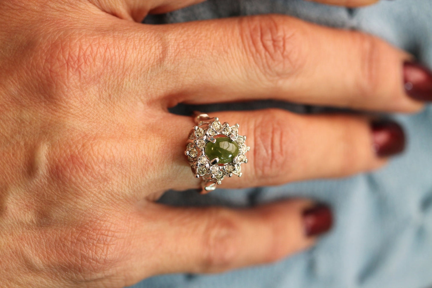 Vintage Genuine Jade & Austrian Crystal 18k White Gold Electroplated Cocktail Ring – Made in USA jewelry image 1