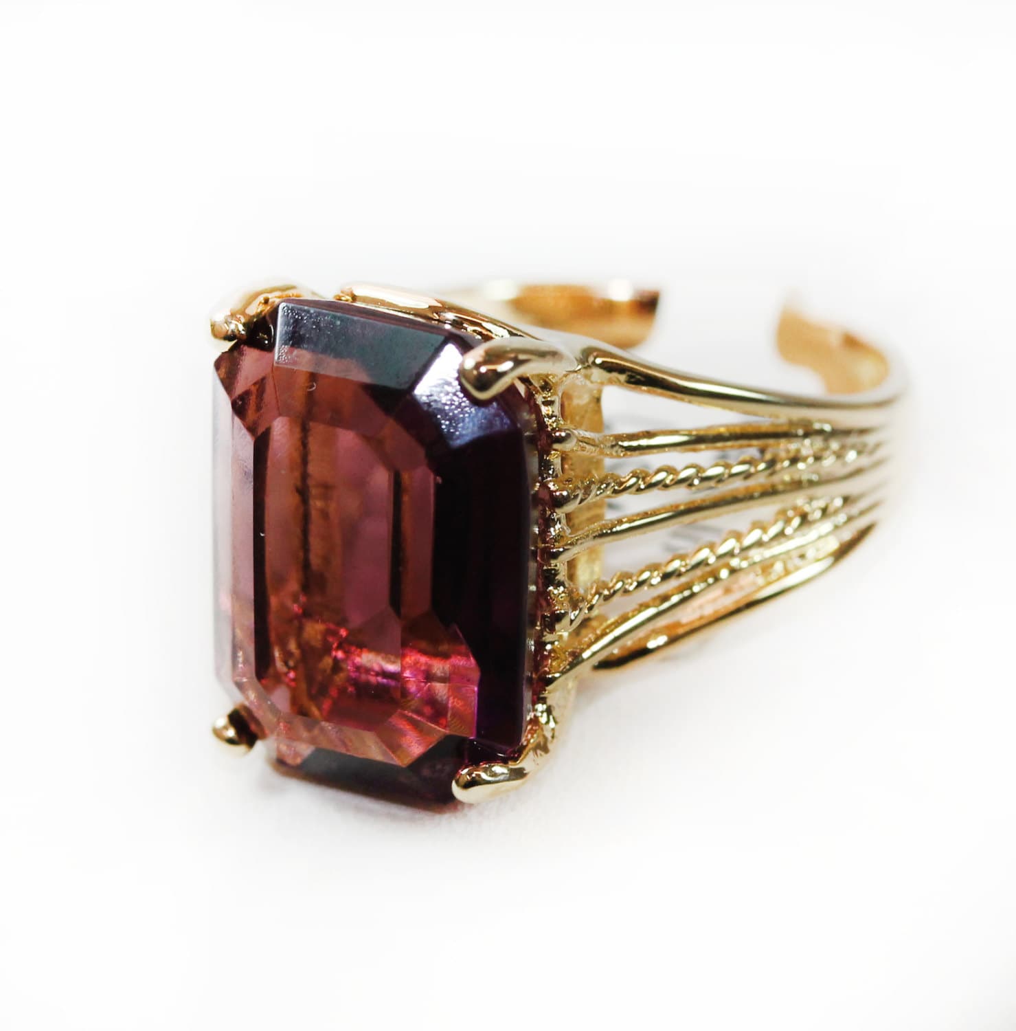 Vintage 1970s 18K Gold Electroplated Cocktail Ring with Emerald Cut Amethyst Austrian Crystal jewelry image 1