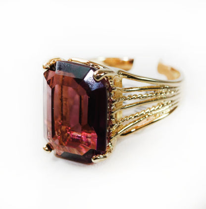 Vintage 1970s 18K Gold Electroplated Cocktail Ring with Emerald Cut Amethyst Austrian Crystal jewelry image 1