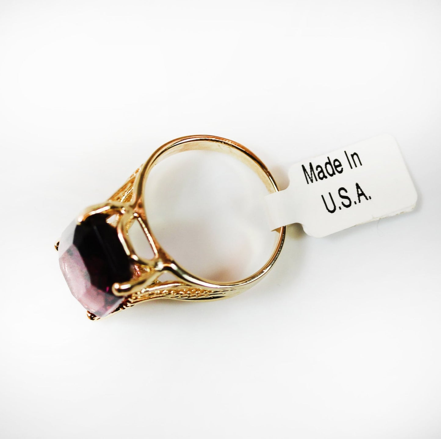 Vintage 1970s 18K Gold Electroplated Cocktail Ring with Emerald Cut Amethyst Austrian Crystal jewelry image 1