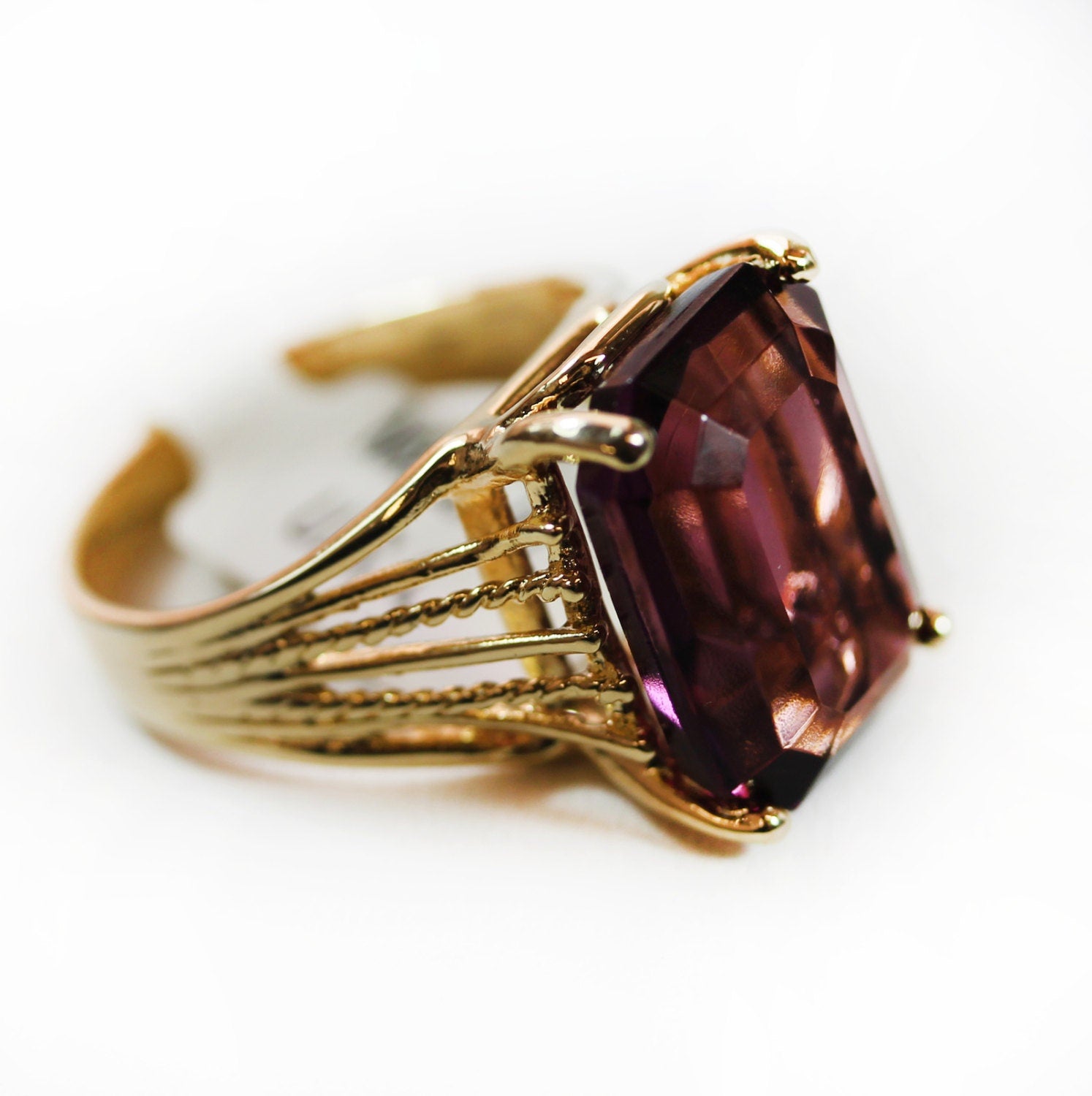 Vintage 1970s 18K Gold Electroplated Cocktail Ring with Emerald Cut Amethyst Austrian Crystal jewelry image 1