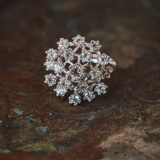 Vintage Clear Austrian Crystal and Pinfire Opal Cocktail Ring - 18k White Gold Electroplate - Made in USA jewelry image 1